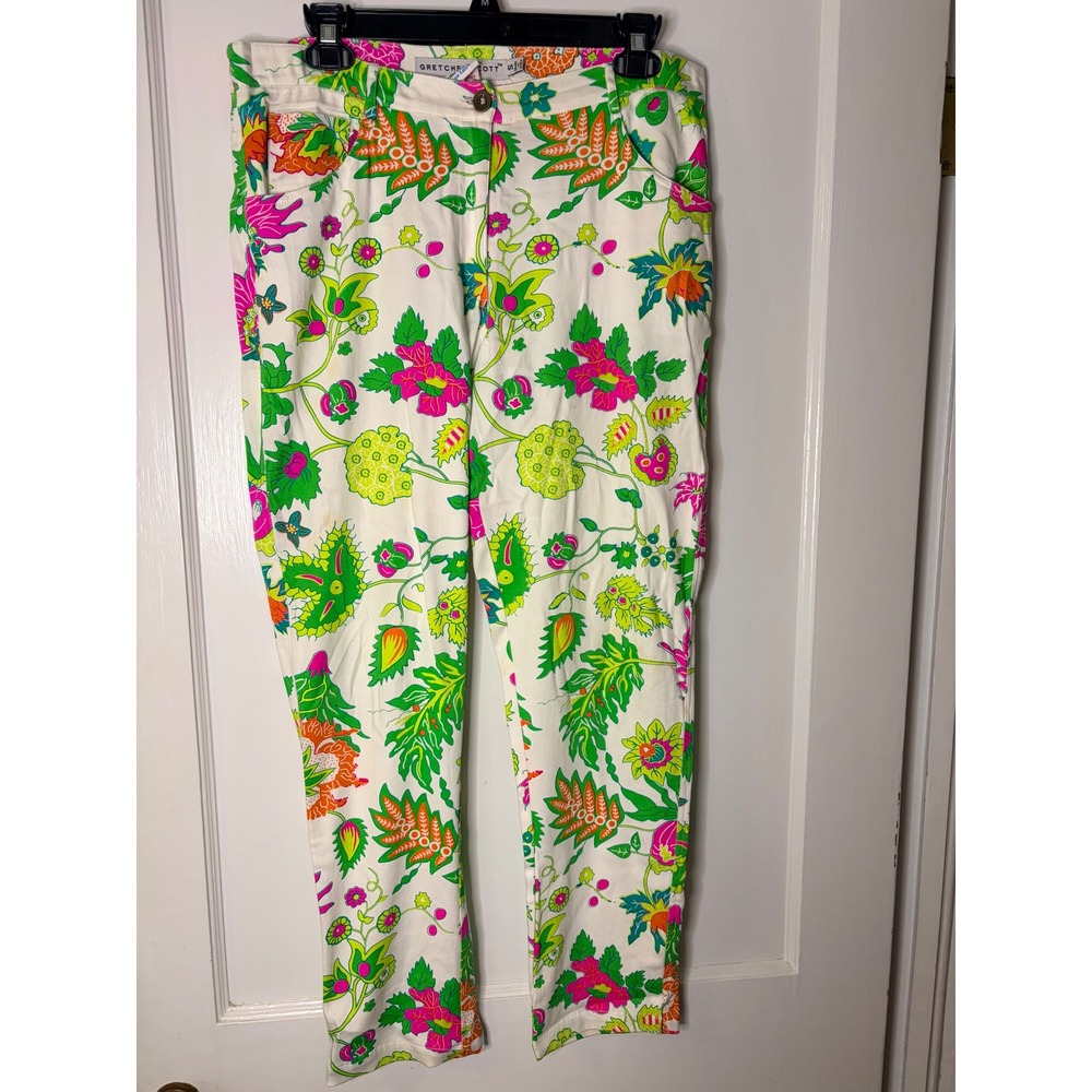 Gretchen Scott Floral Ankle Pants Womens Small White Pink Green Stretch Trousers
